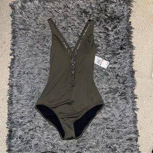 Olive Green Michael Kors MK Criss Cross Lace Up Front Swimsuit